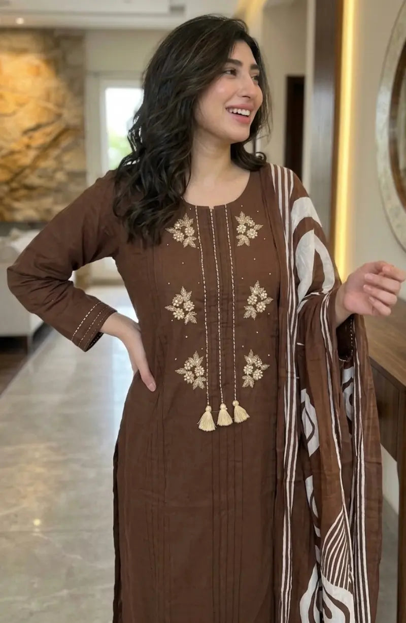A-Line Zari  Work Pintex Cotton Dress
