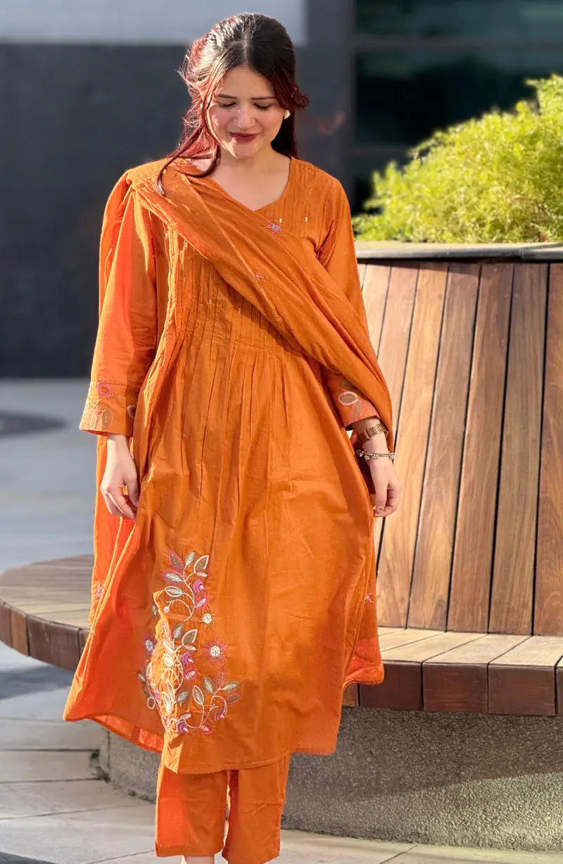 A-line Pintex Embroidy Cotton Dress