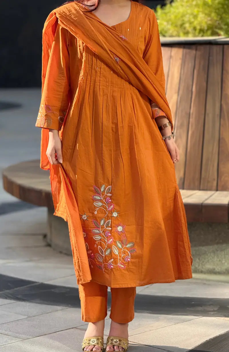 A-line Pintex Embroidy Cotton Dress