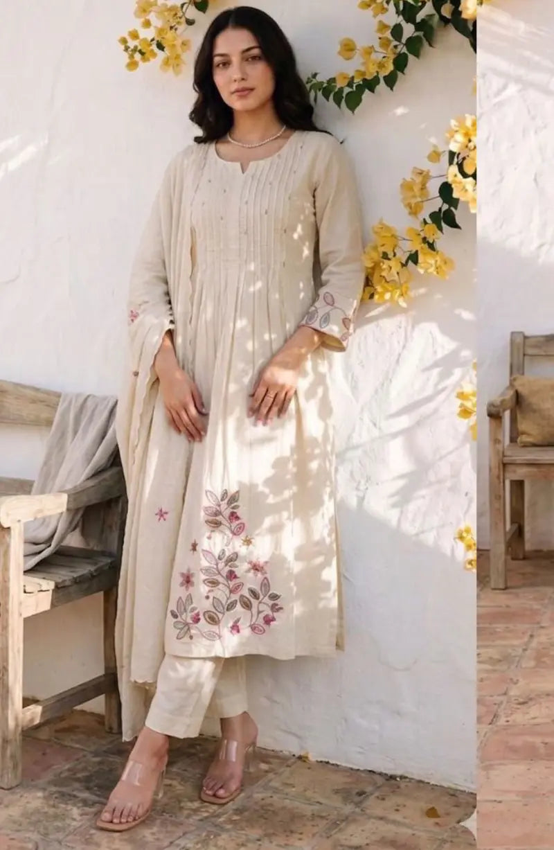 A-line Pintex Embroidy Cotton Dress