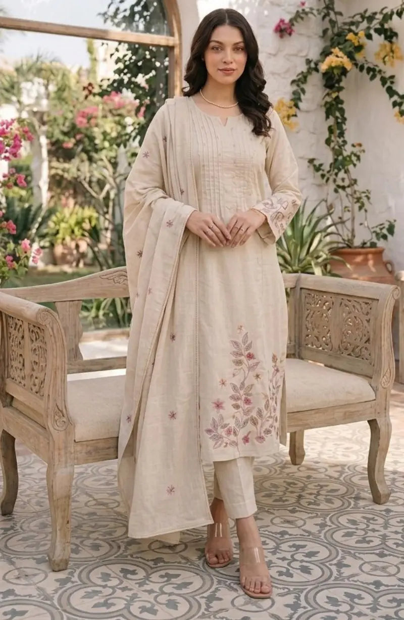 A-line Pintex Embroidy Cotton Dress