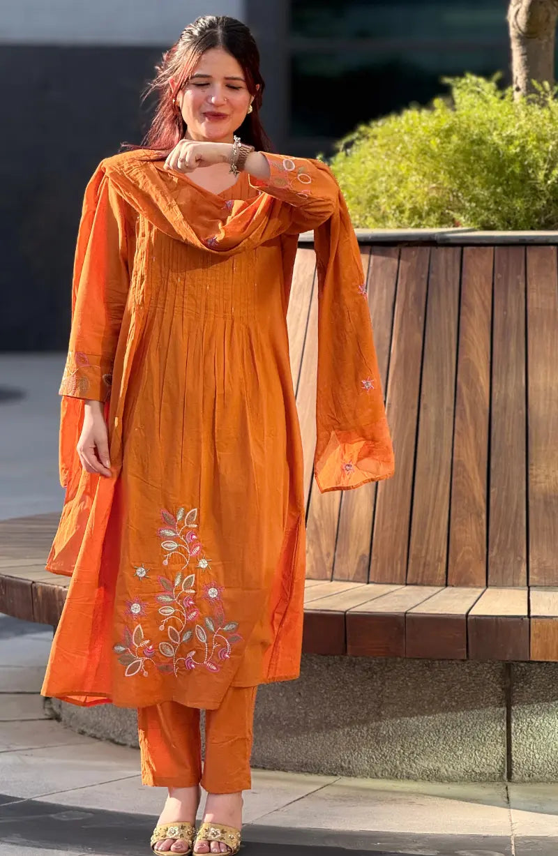 A-line Pintex Embroidy Cotton Dress