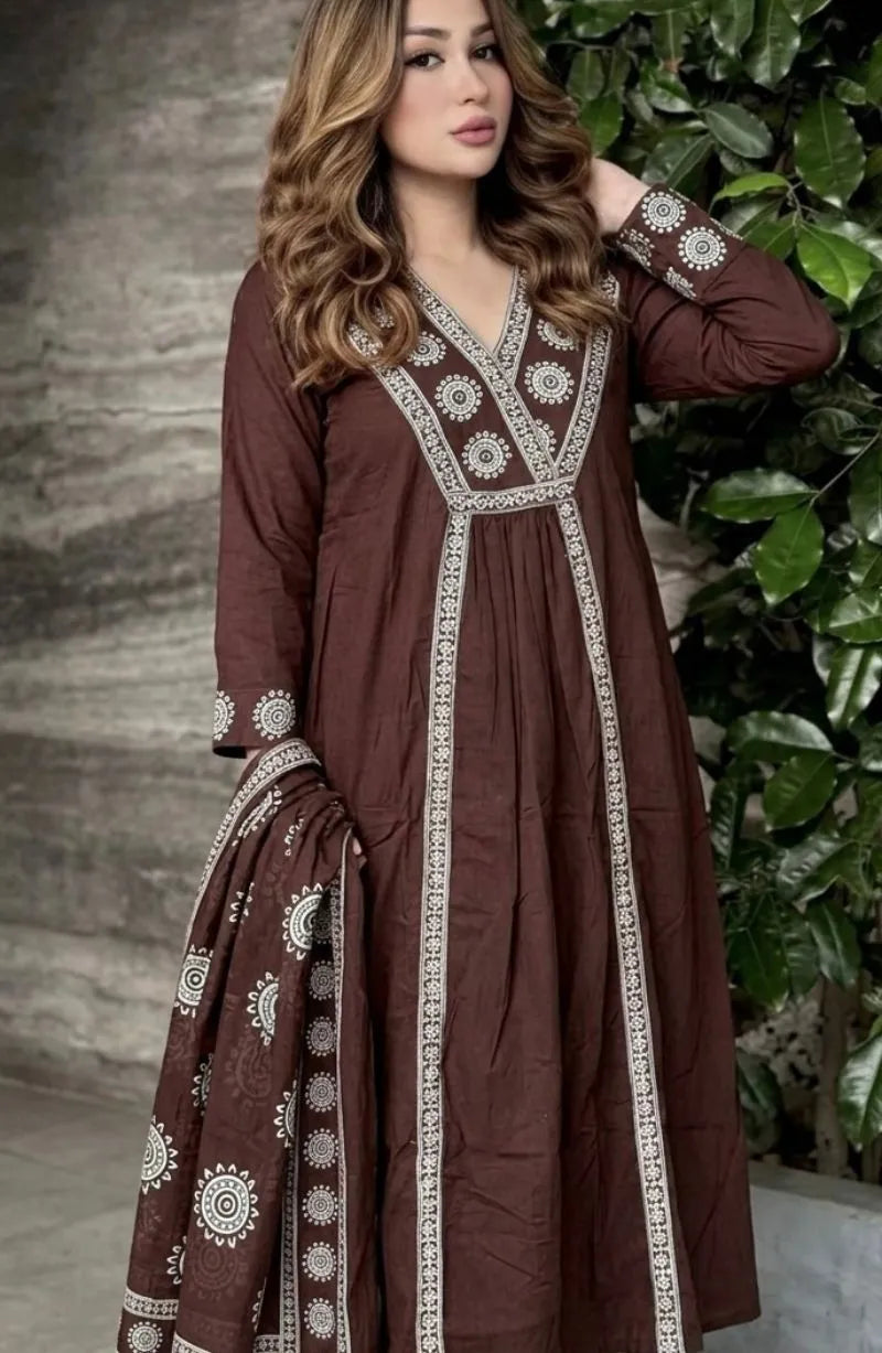 Trendy Cambric Cotton Frock Pant Dupatta Set