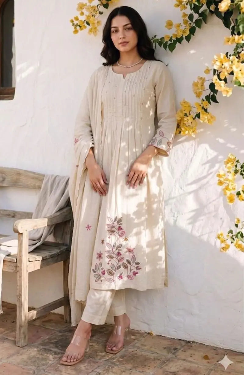 A-line Pintex Embroidy Cotton Dress