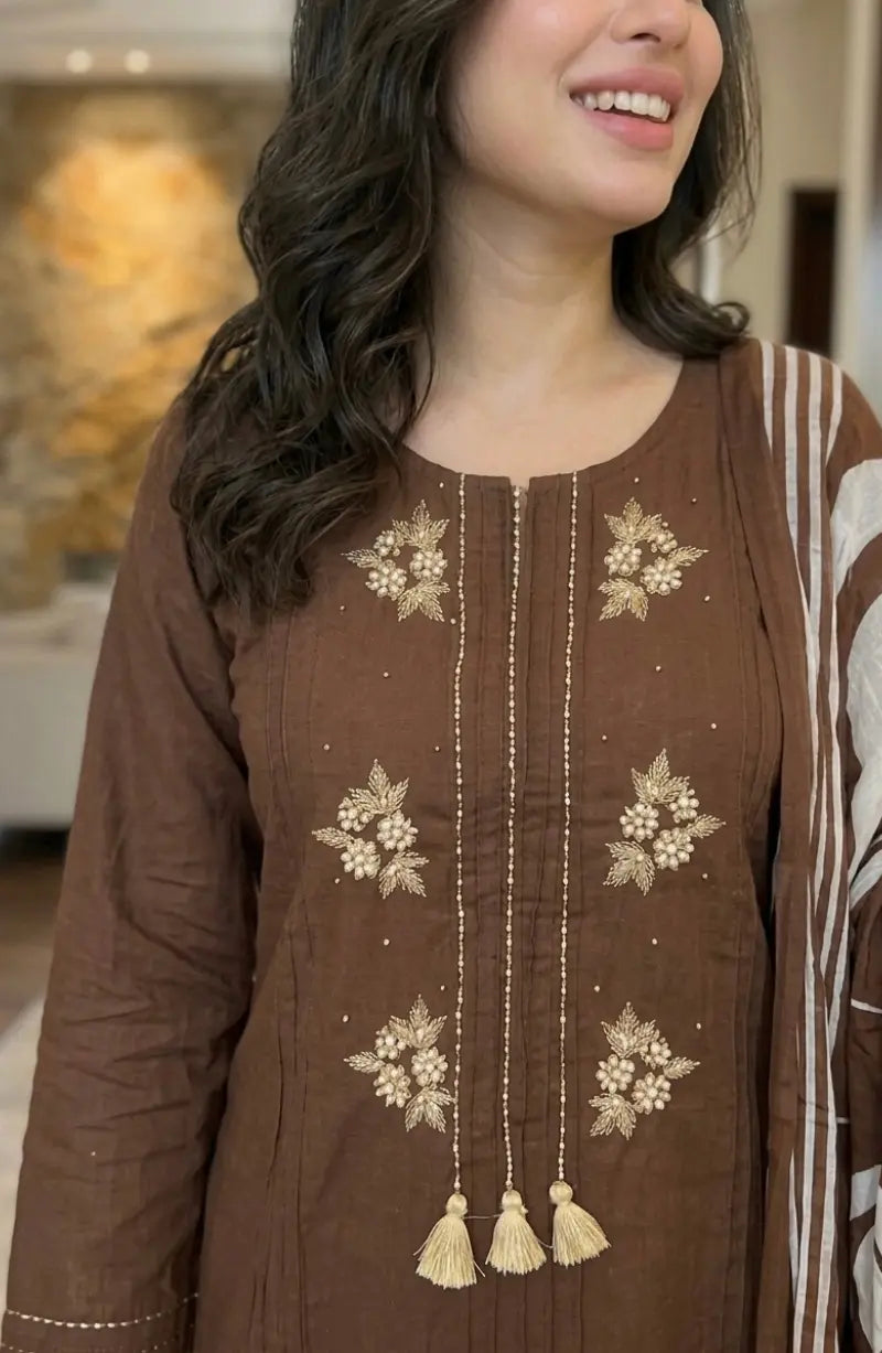 A-Line Zari  Work Pintex Cotton Dress