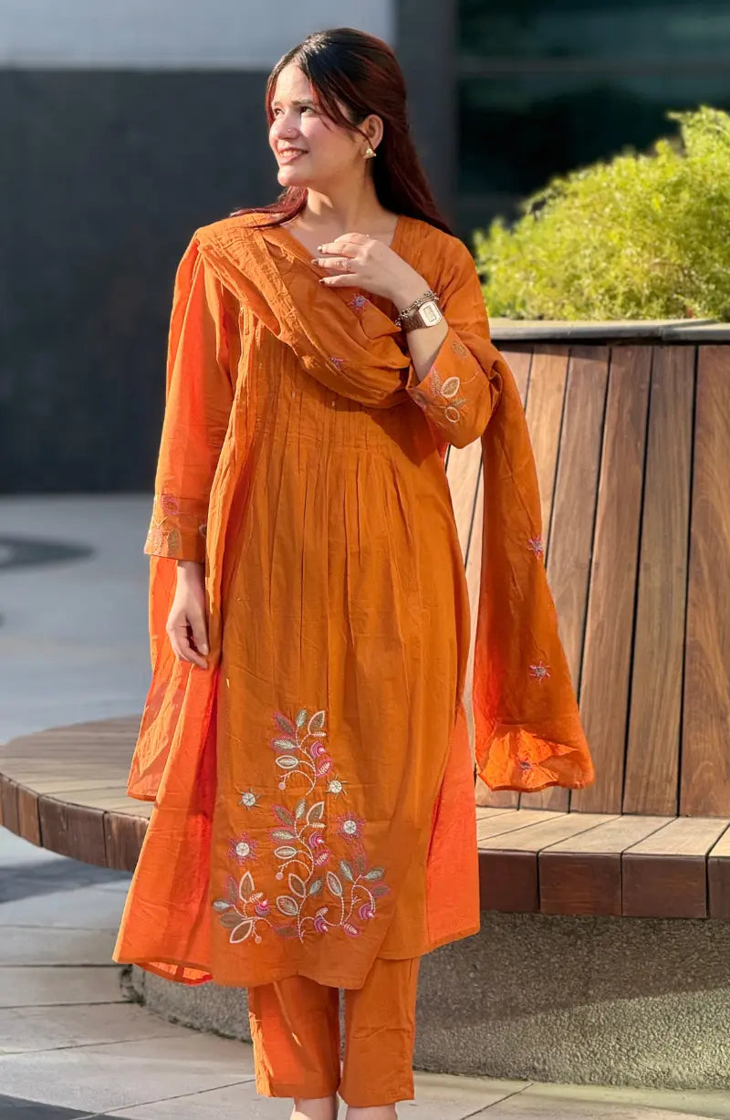A-line Pintex Embroidy Cotton Dress