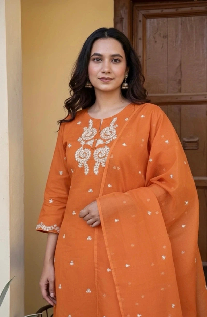 Orannge  Neck work Dress