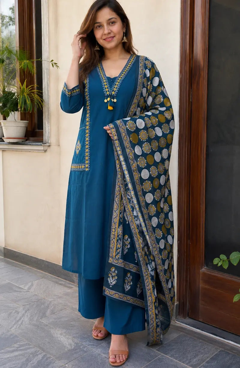 BLUE FRONT POCKET COTTON DRESS