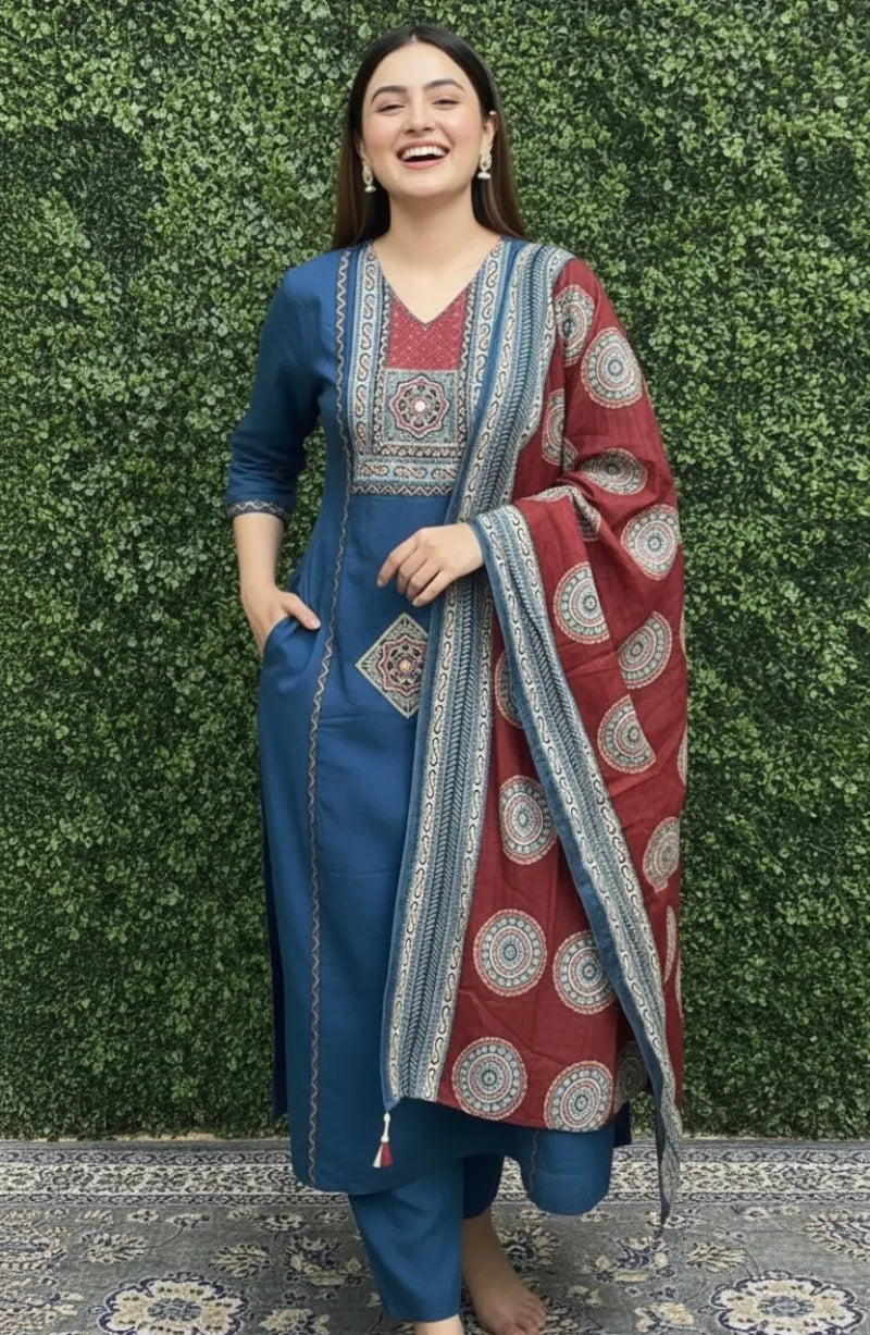 Appliqué  Blue Dress