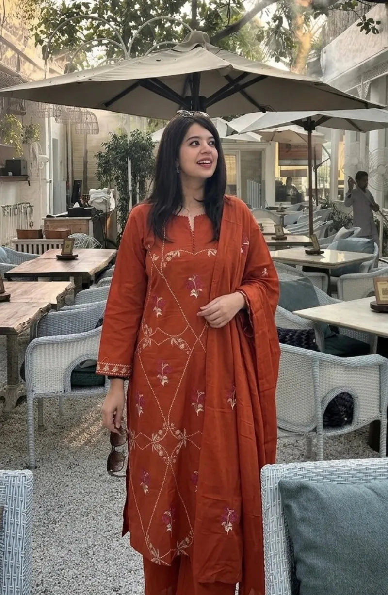 Orange Cotton Thread work Dress  Hadya